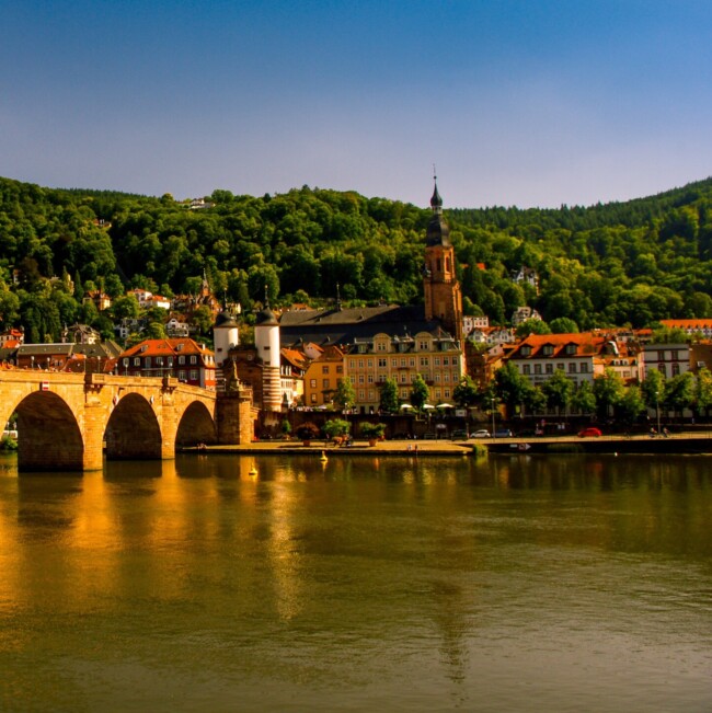 Fluss mit Brücke und Stadt Heidelberg im Hintergrund
